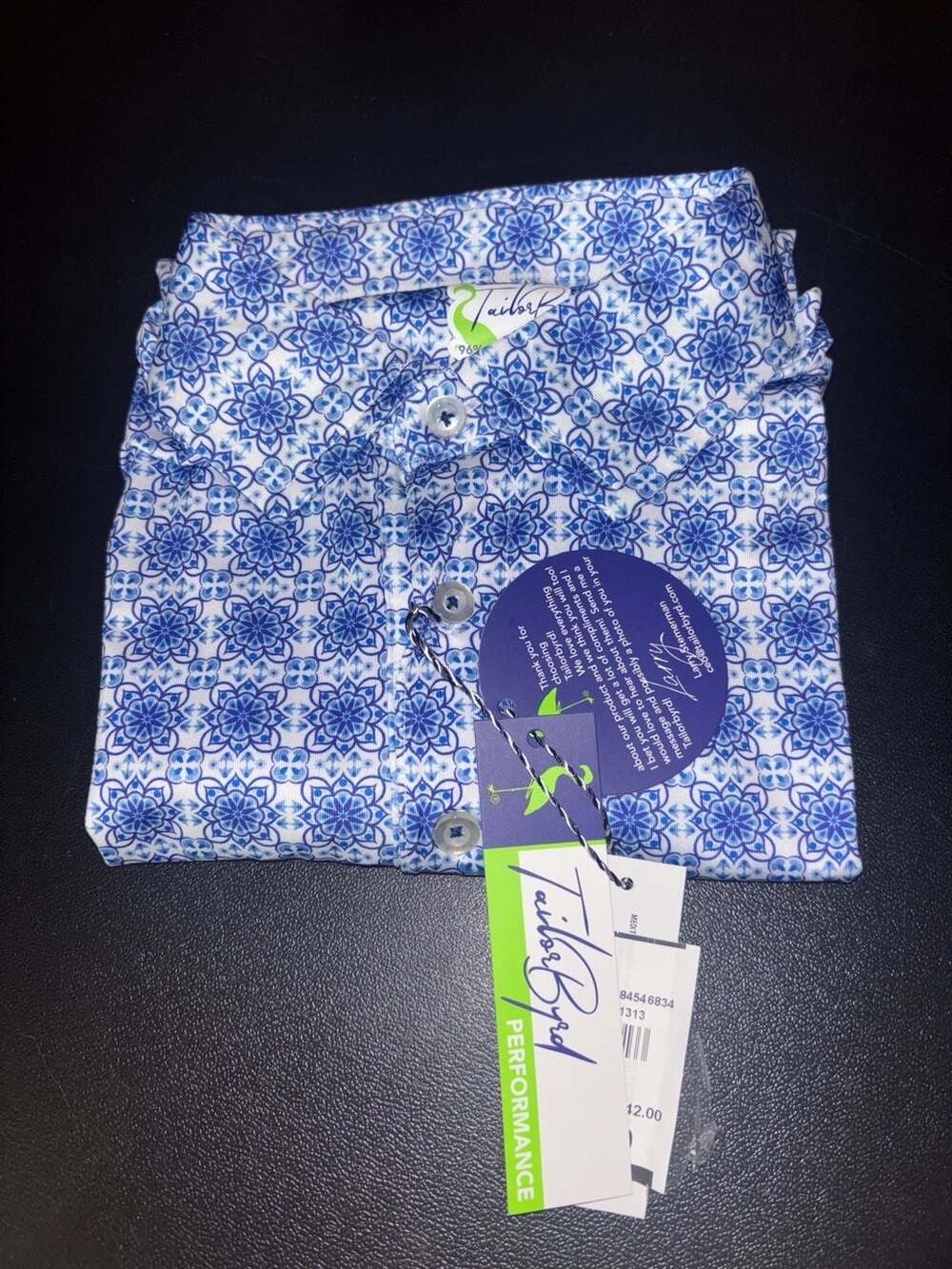 Tailor Byrd Blue and White Tile Print Performance Polo Shirt